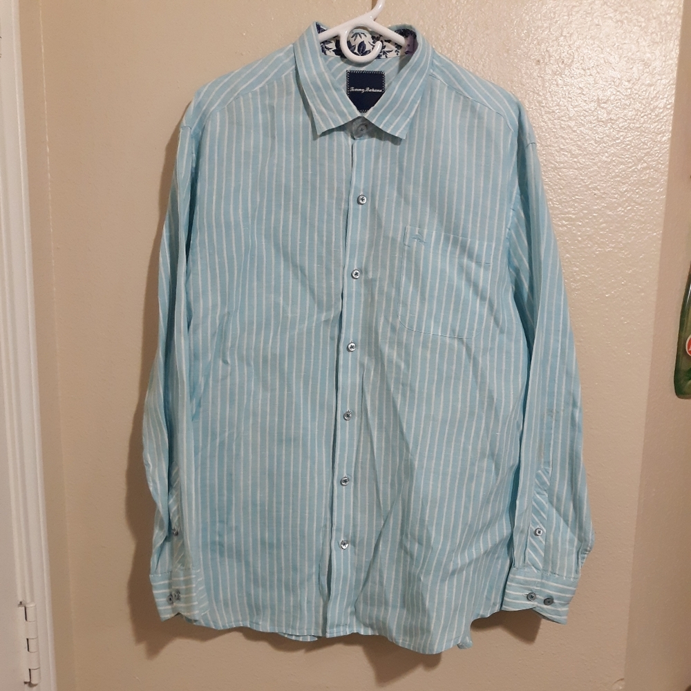 Tommy Bahama Men's Button-Down Long Sleeves Size XL Aqua Teal Stripe Linen